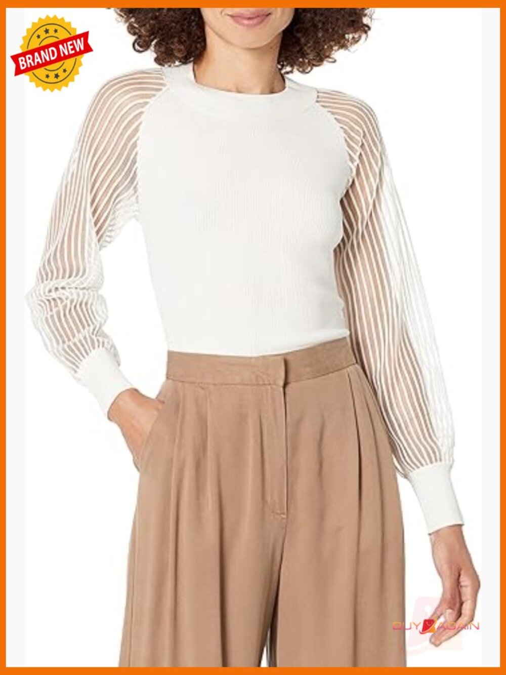 Slim Fit Crewneck Sweater with Sheer Striped Sleeves